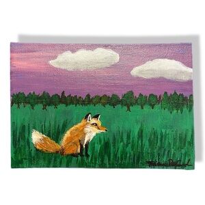 Handmade acrylic painting landscape wild fox purple sky 5X7